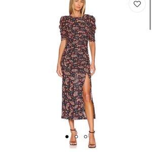 Free People Floral Rouched Bodice Black Dress Small